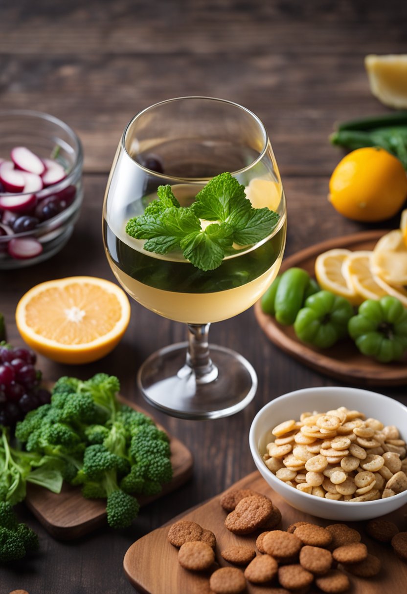 A glass of keto-friendly alcohol sits next to a plate of low-carb snacks on a wooden table, surrounded by fresh fruits and vegetables