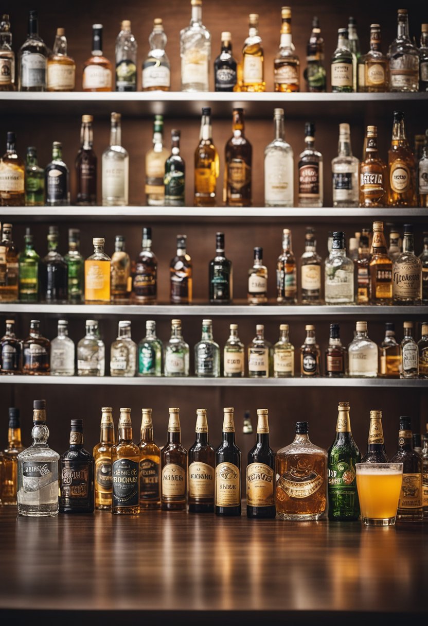 A table with a variety of keto-friendly alcoholic drinks, including low-carb beer, sugar-free mixers, and spirits like vodka and tequila