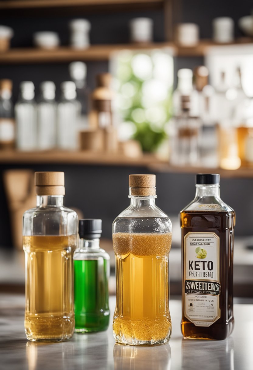 Various bottles of mixers and sweeteners arranged on a countertop with keto-friendly alcohol and fresh ingredients nearby