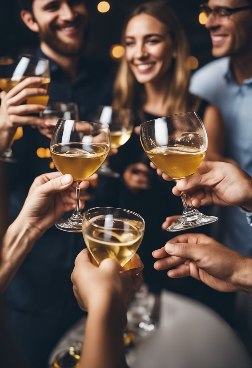 People mingling at a party, holding glasses of keto-friendly alcohol drinks, engaging in conversation and laughter