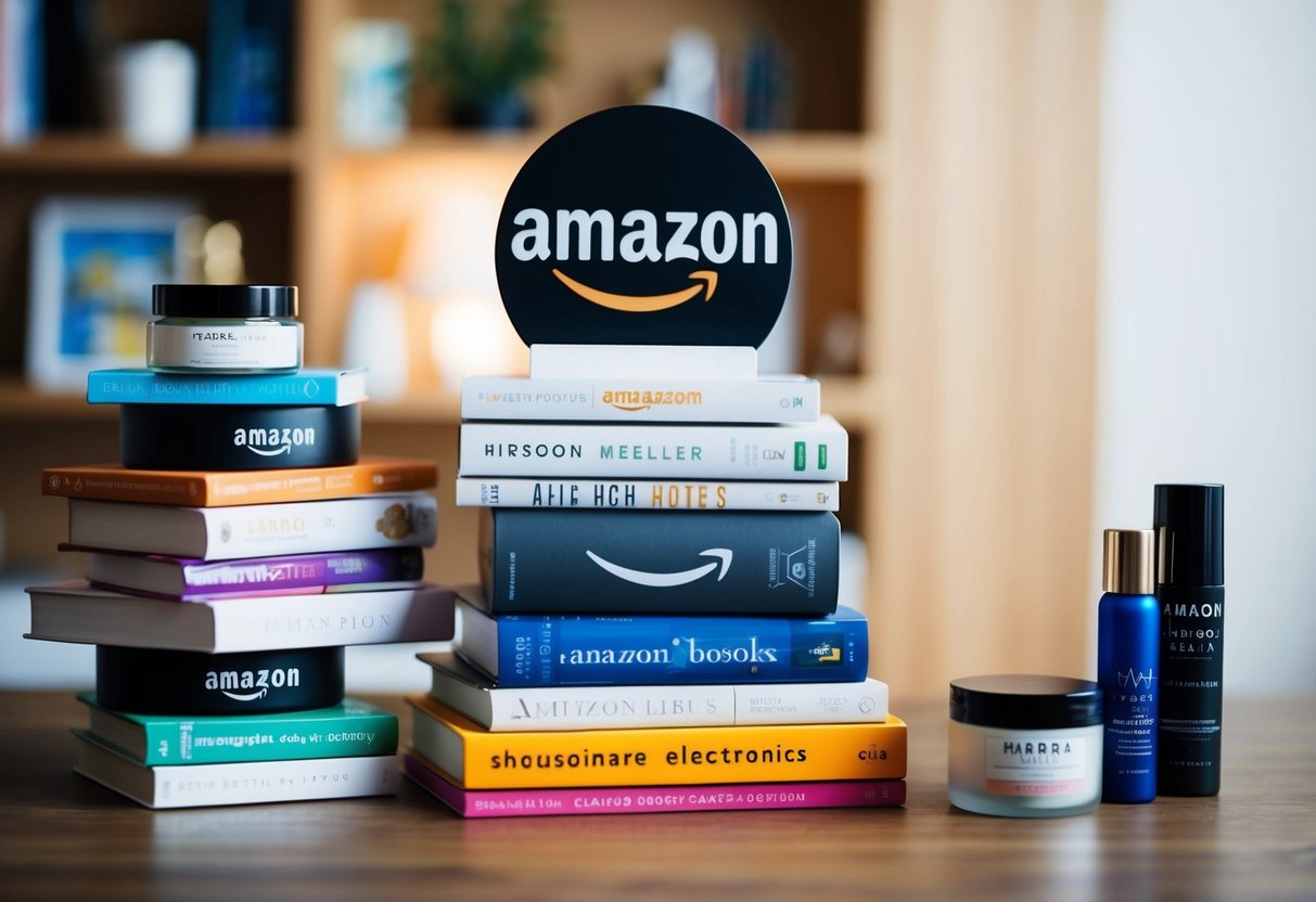 A stack of various products, including electronics, books, and beauty items, with the Amazon logo prominently displayed