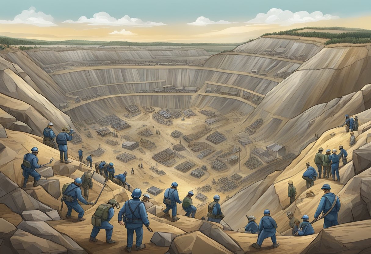 A diamond mine surrounded by conflict, with armed guards and exploited workers