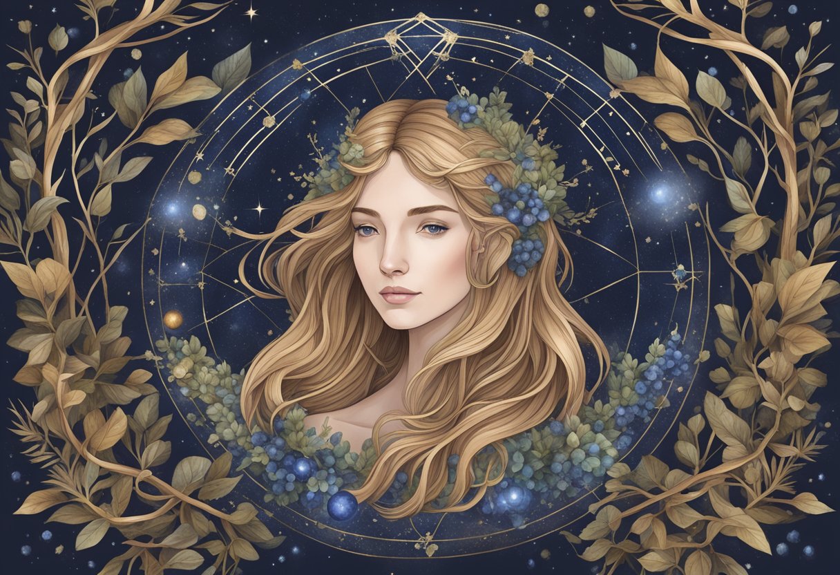 A detailed illustration of a Virgo constellation surrounded by the earthy tones of its birthstone, sapphire, with delicate vines and leaves intertwining around it