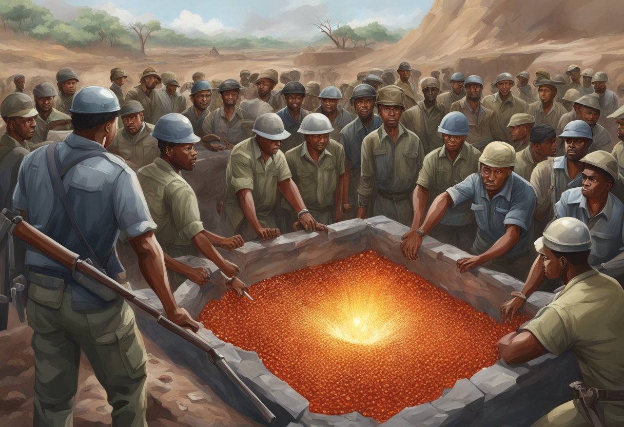 A blood diamond being mined in a war-torn region, surrounded by armed guards and exploited laborers