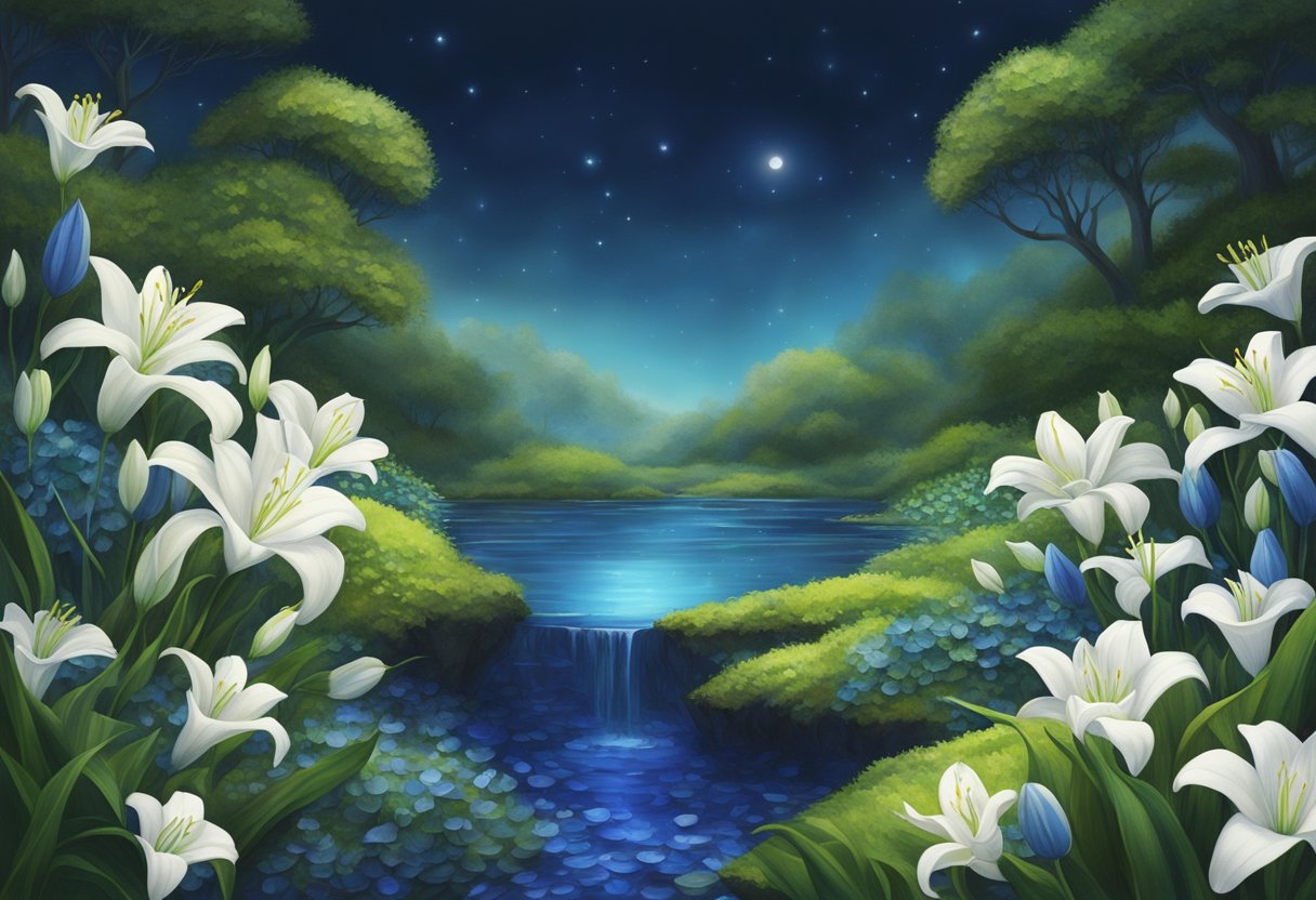 A serene, earthy landscape with clusters of deep blue sapphire and rich green peridot emerging from the ground, surrounded by delicate white lilies