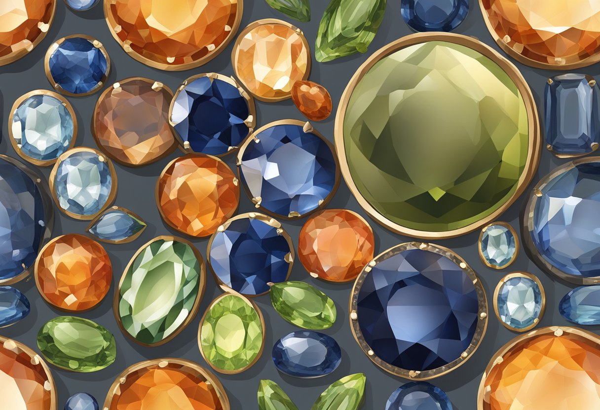 A collection of earthy, muted tones of sapphire, carnelian, and peridot stones arranged in a circular pattern