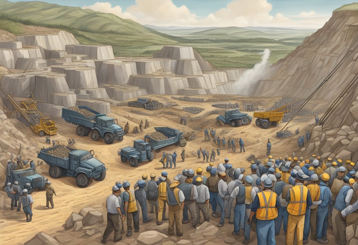 A diamond mine surrounded by conflict, with armed guards and exploited workers