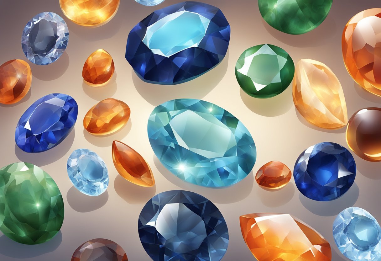 A collection of sapphire, carnelian, and jade gemstones arranged on a celestial background