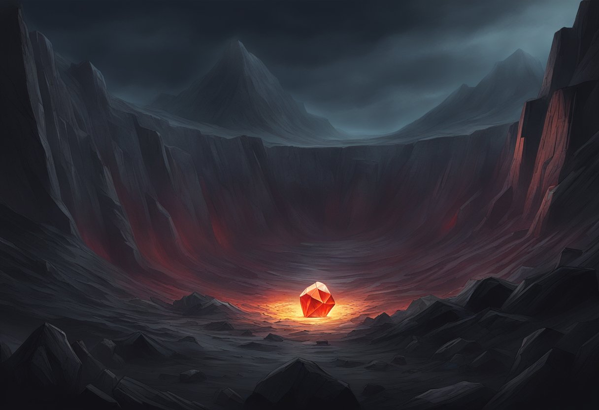 A dark, ominous mine with a single blood-red diamond glinting in the depths