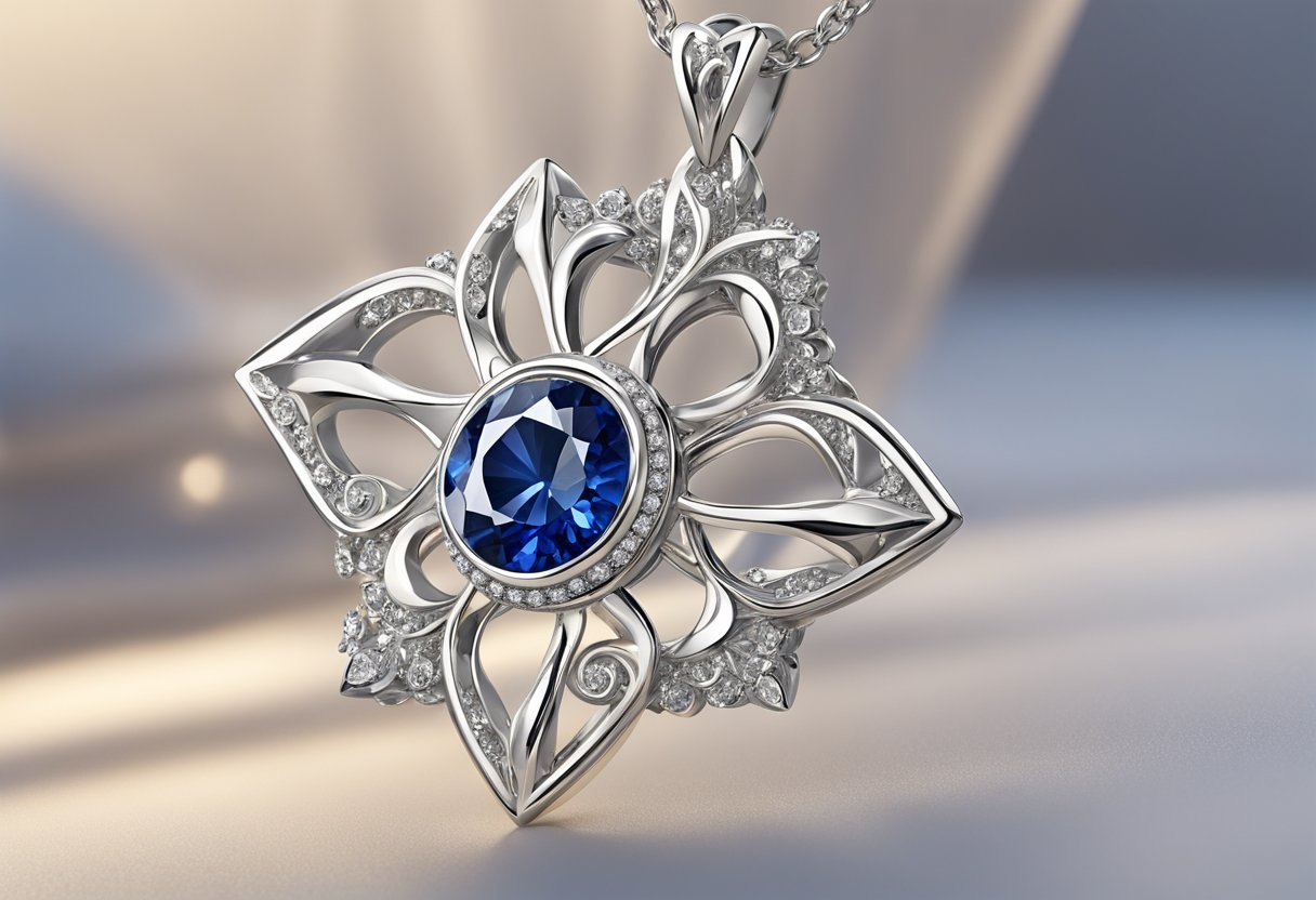 A delicate silver necklace featuring a deep blue sapphire, the birthstone for Virgo, set in the center of an intricate star-shaped pendant