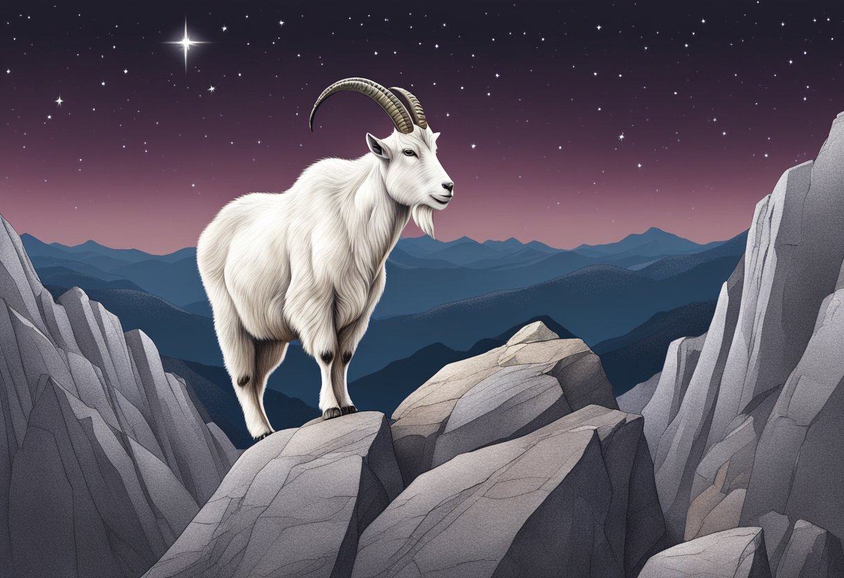 A mountain goat stands atop a rocky peak, gazing at the stars. A shimmering garnet lies at its feet, symbolizing the Capricorn birthstone's connection to ambition and determination