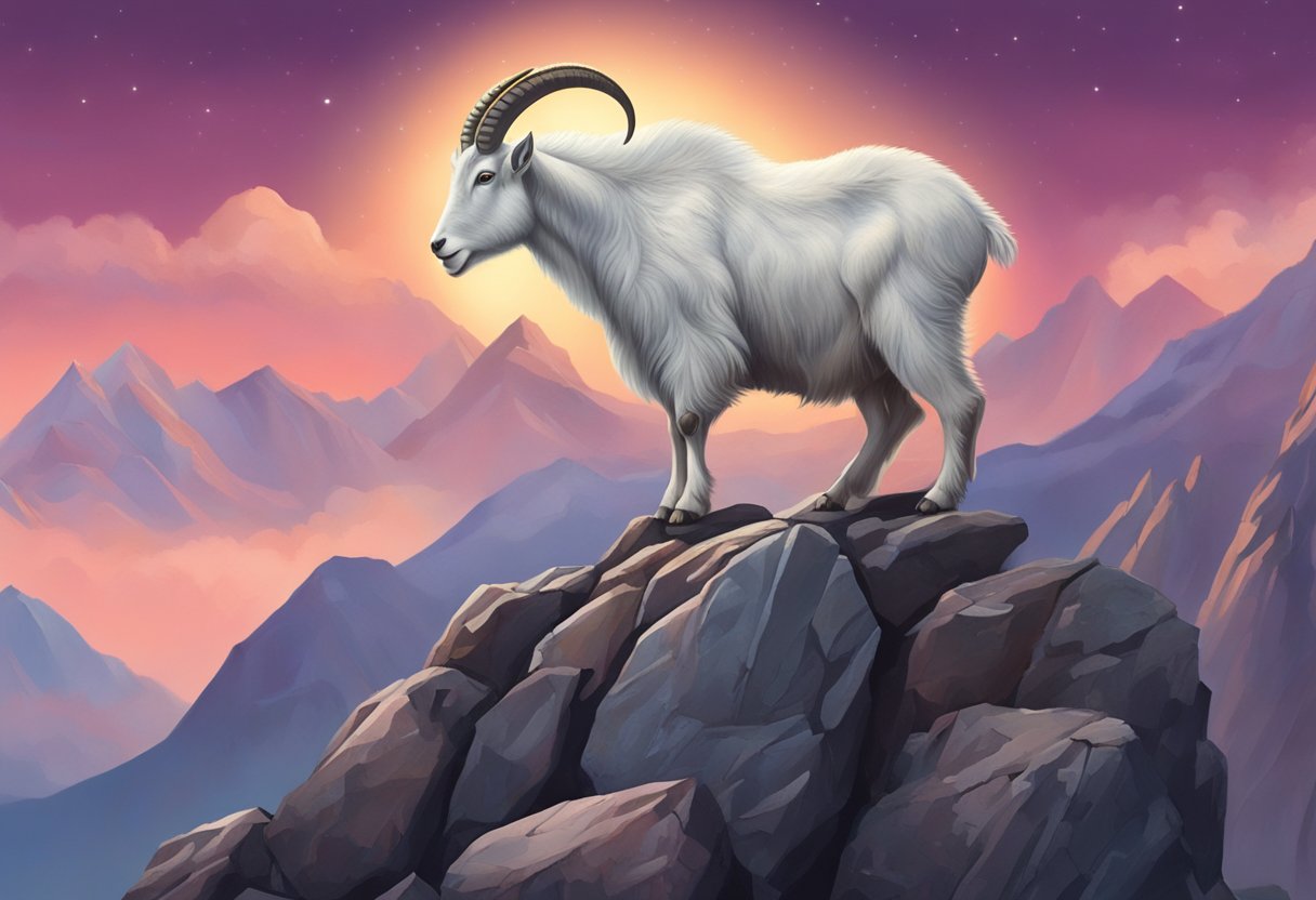 A majestic mountain goat stands atop a rocky peak, with the symbol of Capricorn and its birthstone, garnet, glowing in the background