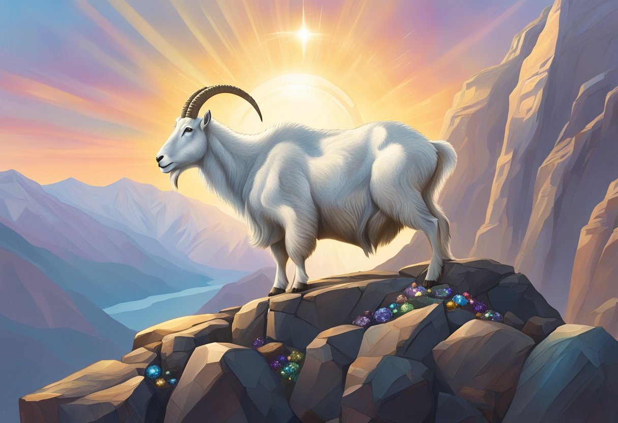 A majestic mountain goat stands atop a rugged cliff, surrounded by shimmering gemstones reflecting the light of the sun