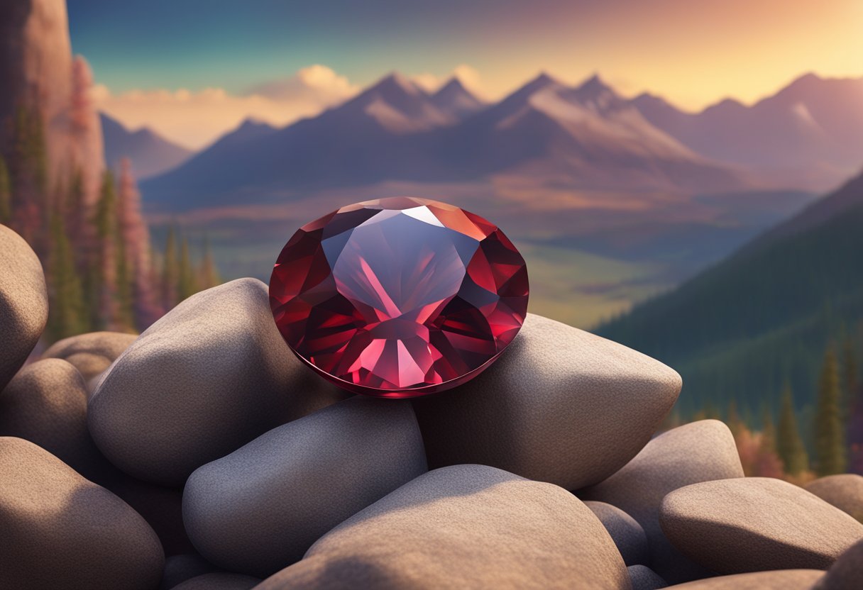 A deep red garnet gemstone nestled in a cluster of earthy, textured rocks, with a backdrop of a mountainous landscape