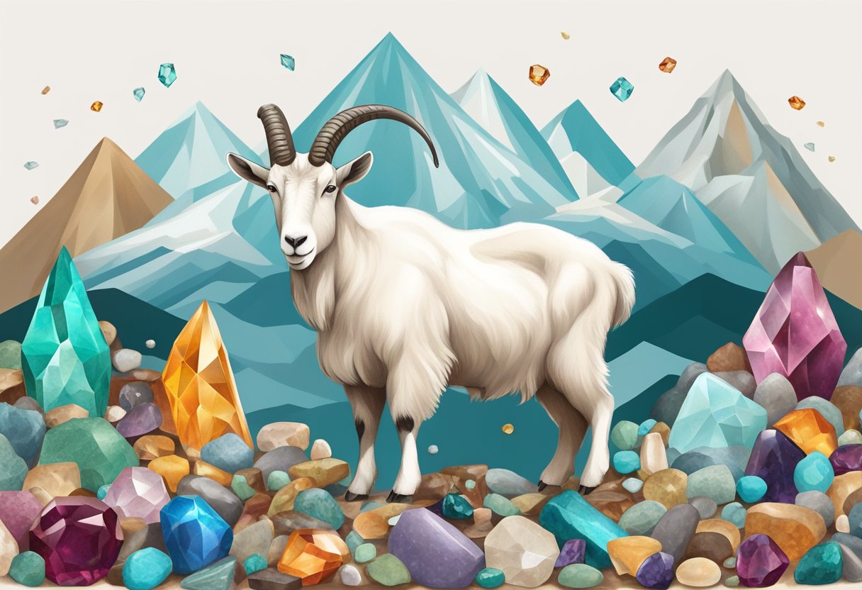 A mountain goat standing proudly amidst a collection of gemstones, including garnet, onyx, and turquoise, symbolizing the birthstones associated with Capricorn