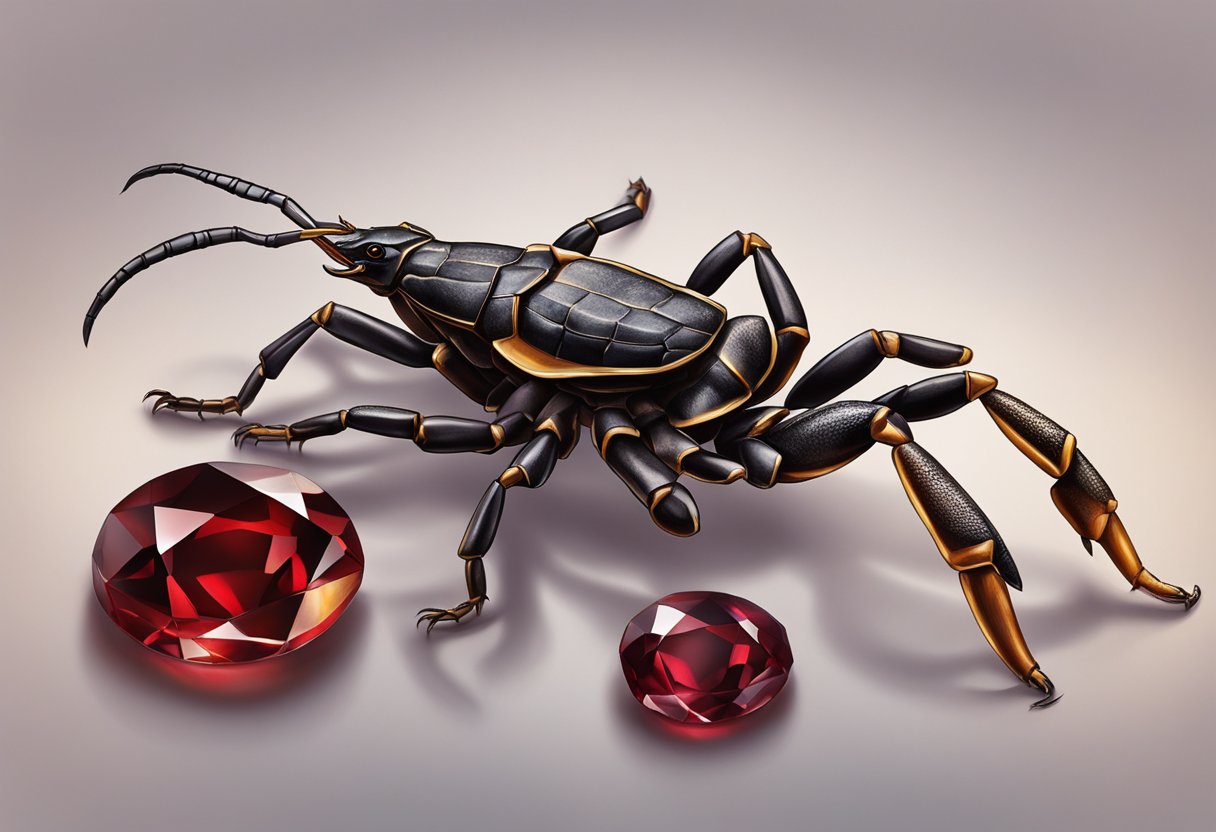 A scorpion crawling over a deep red garnet gemstone