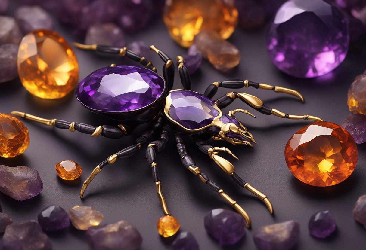 A scorpion perched on a dark red garnet, surrounded by deep purple amethyst and golden citrine, with a backdrop of fiery red opal and smoky topaz