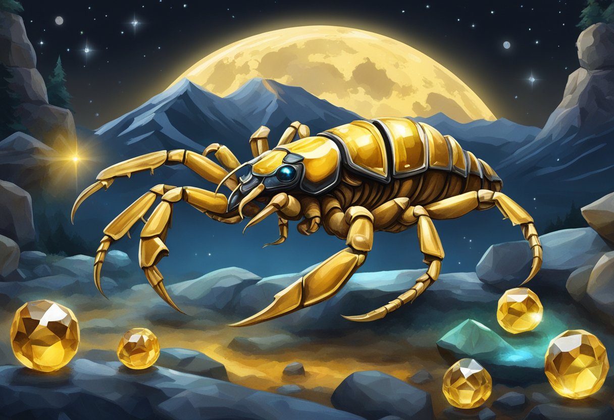 A scorpion surrounded by its birthstones: topaz, citrine, and beryl, shimmering in the moonlight