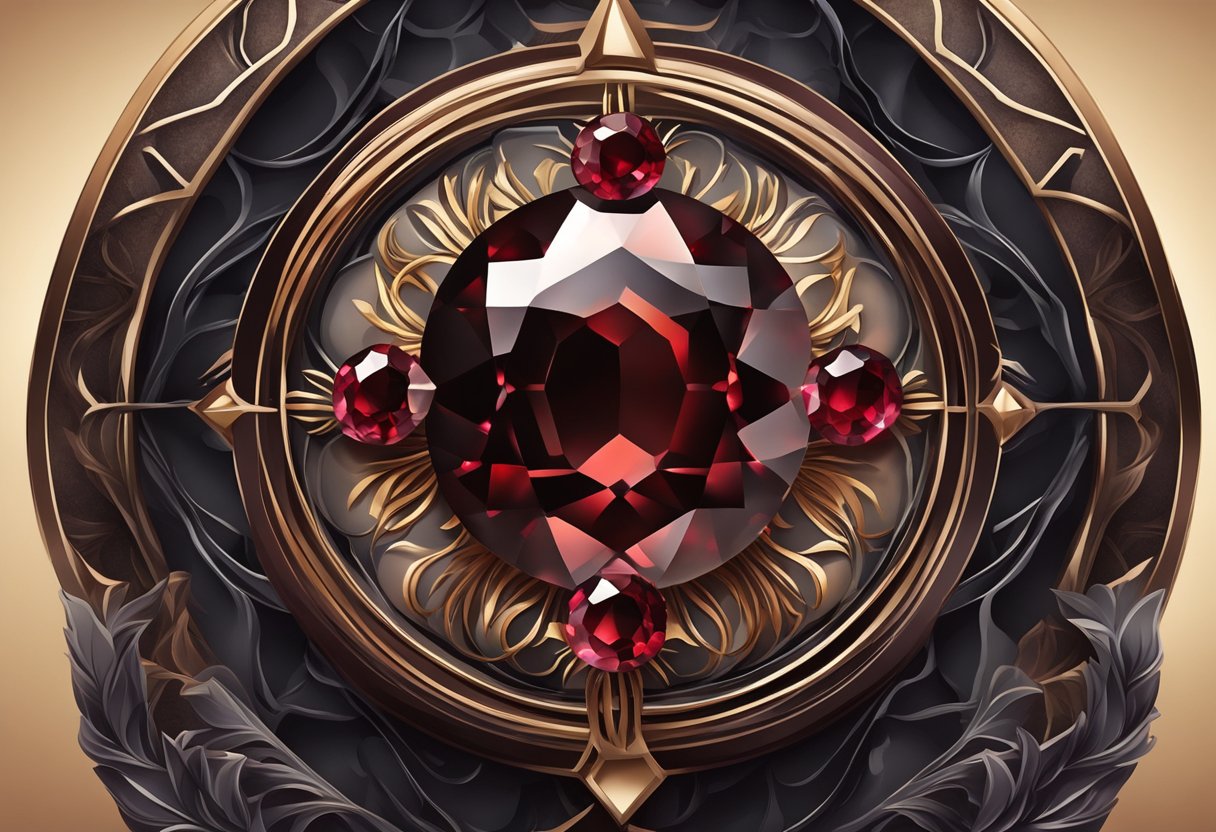 A deep red garnet gemstone surrounded by dark and mysterious hues, symbolizing Scorpio's passion and intensity