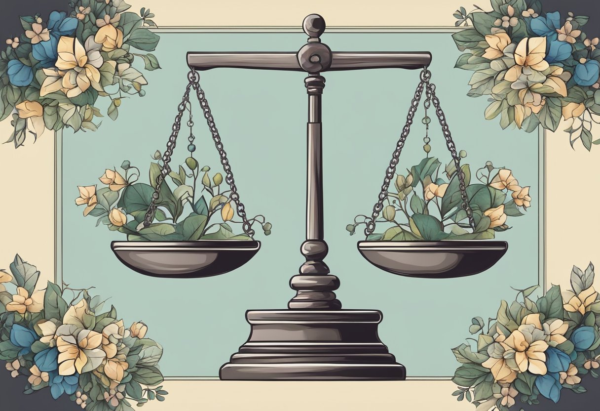 A balanced scale surrounded by elements representing harmony and justice