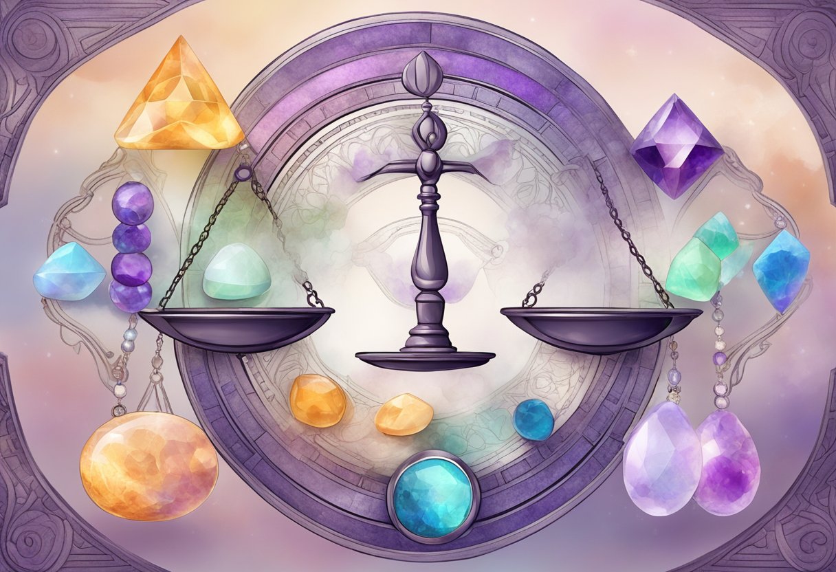 A balanced scale surrounded by pastel hues, with amethyst and opal gemstones, and the symbol of Libra intertwined with the seven chakras