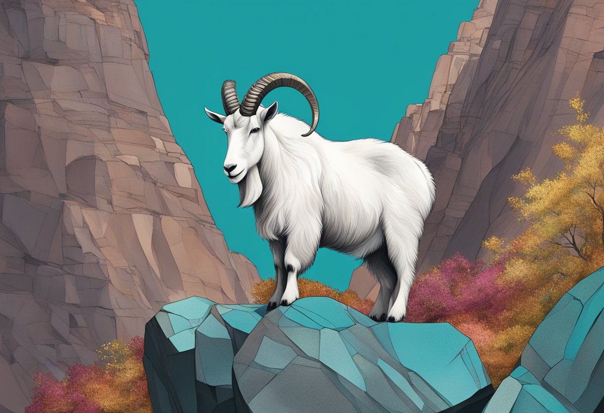 A serene mountain goat stands atop a rocky cliff, surrounded by shimmering garnet, onyx, and turquoise birthstones