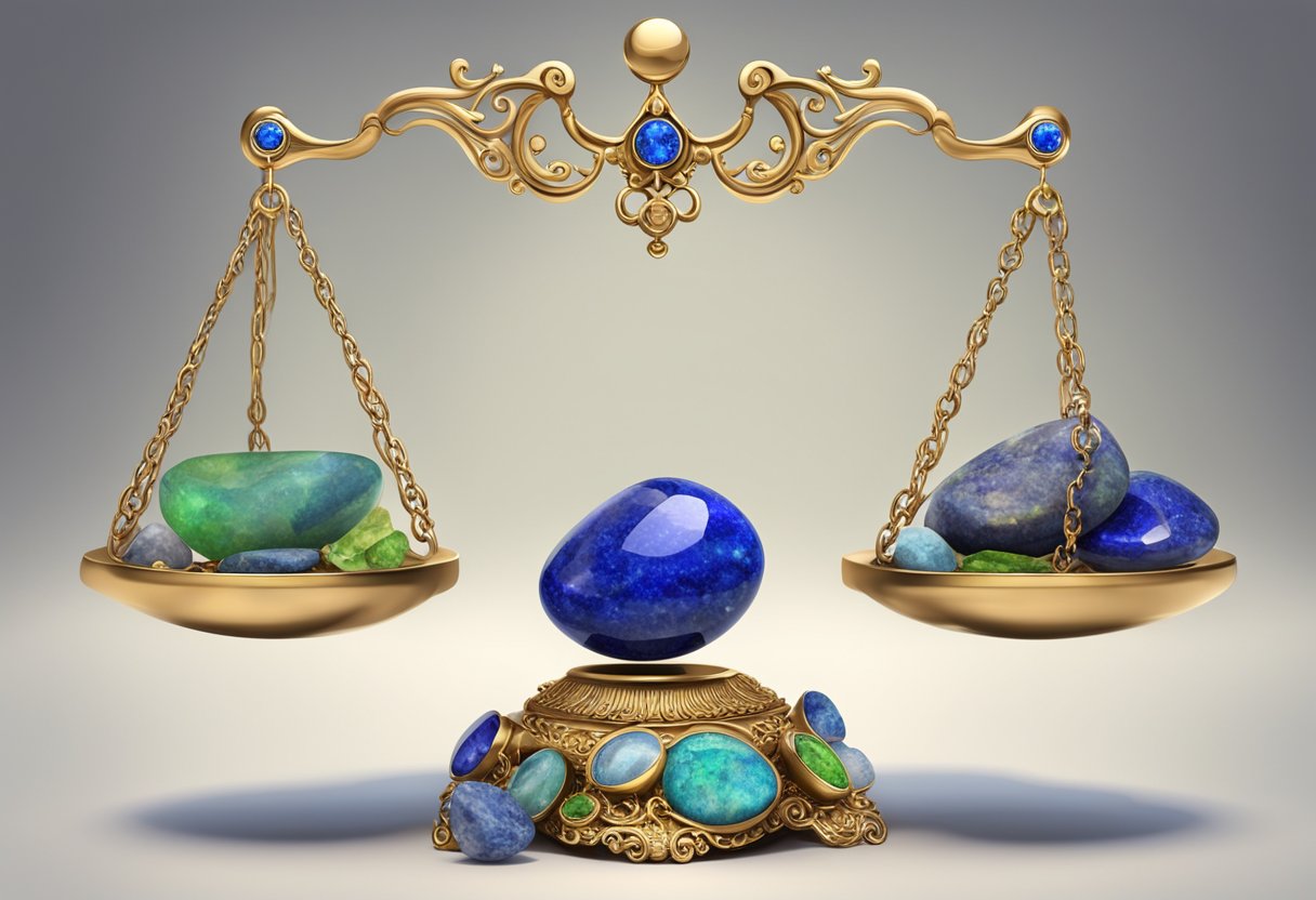 A balanced scale surrounded by opal, lapis lazuli, and peridot stones