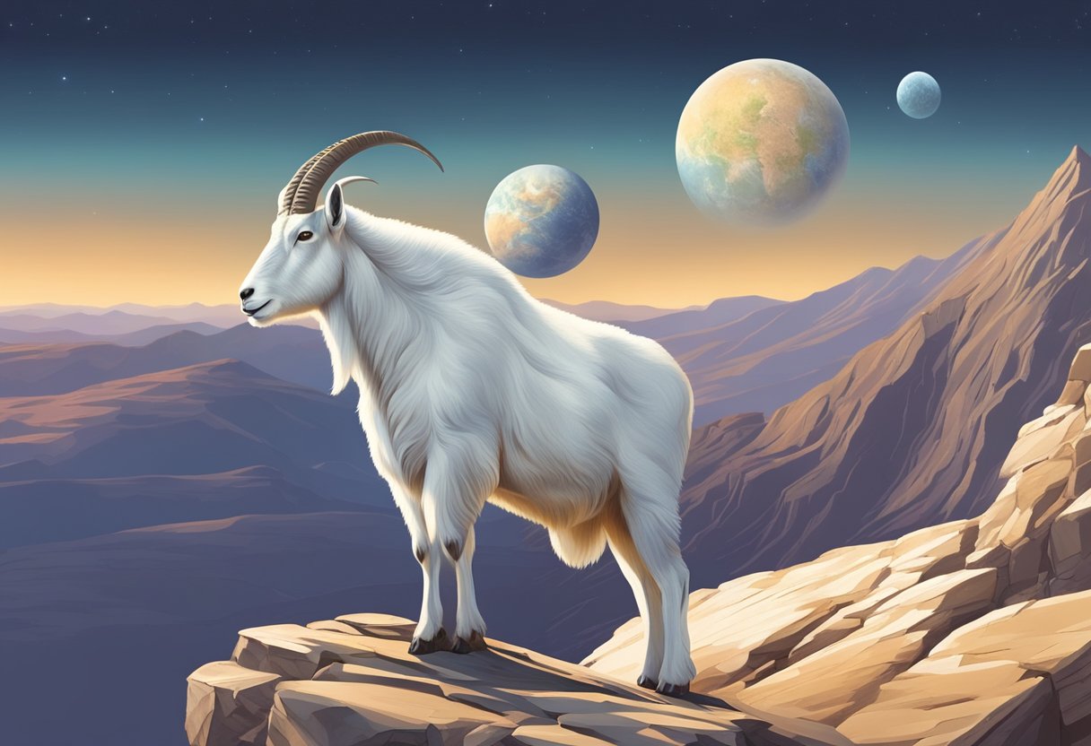 A majestic mountain goat stands atop a craggy peak, gazing out over a vast expanse of rocky terrain, under the watchful eye of the planet Saturn