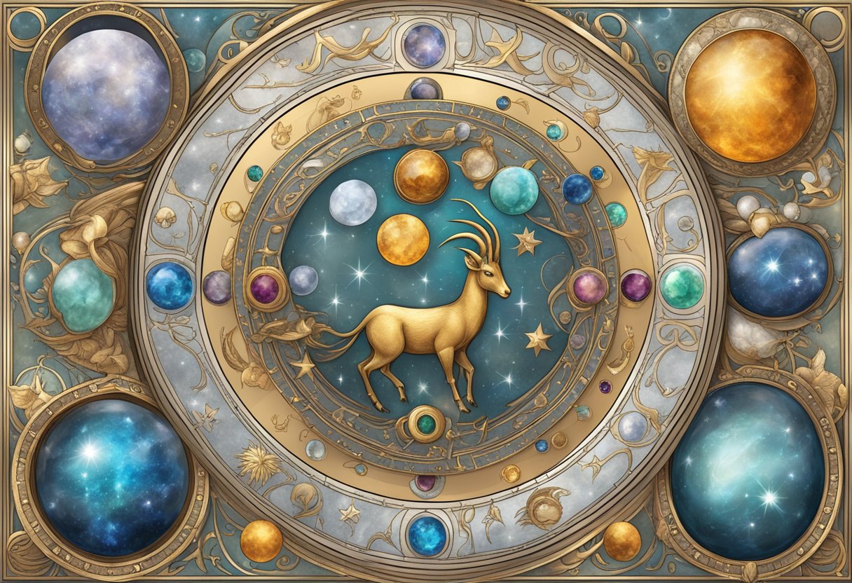 A Capricorn birthstone surrounded by other zodiac symbols, all harmoniously arranged in a celestial scene