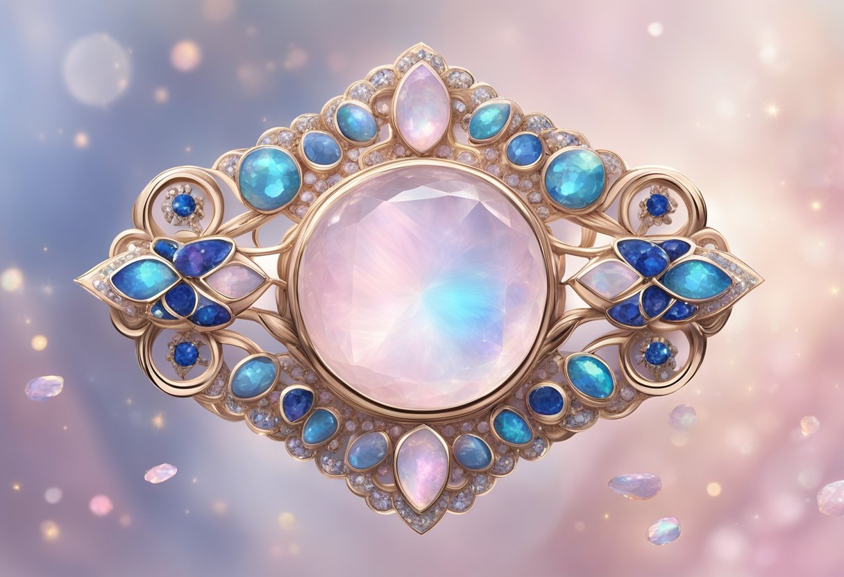 A delicate scale balanced on a bed of rose quartz, surrounded by shimmering opals and sparkling sapphires