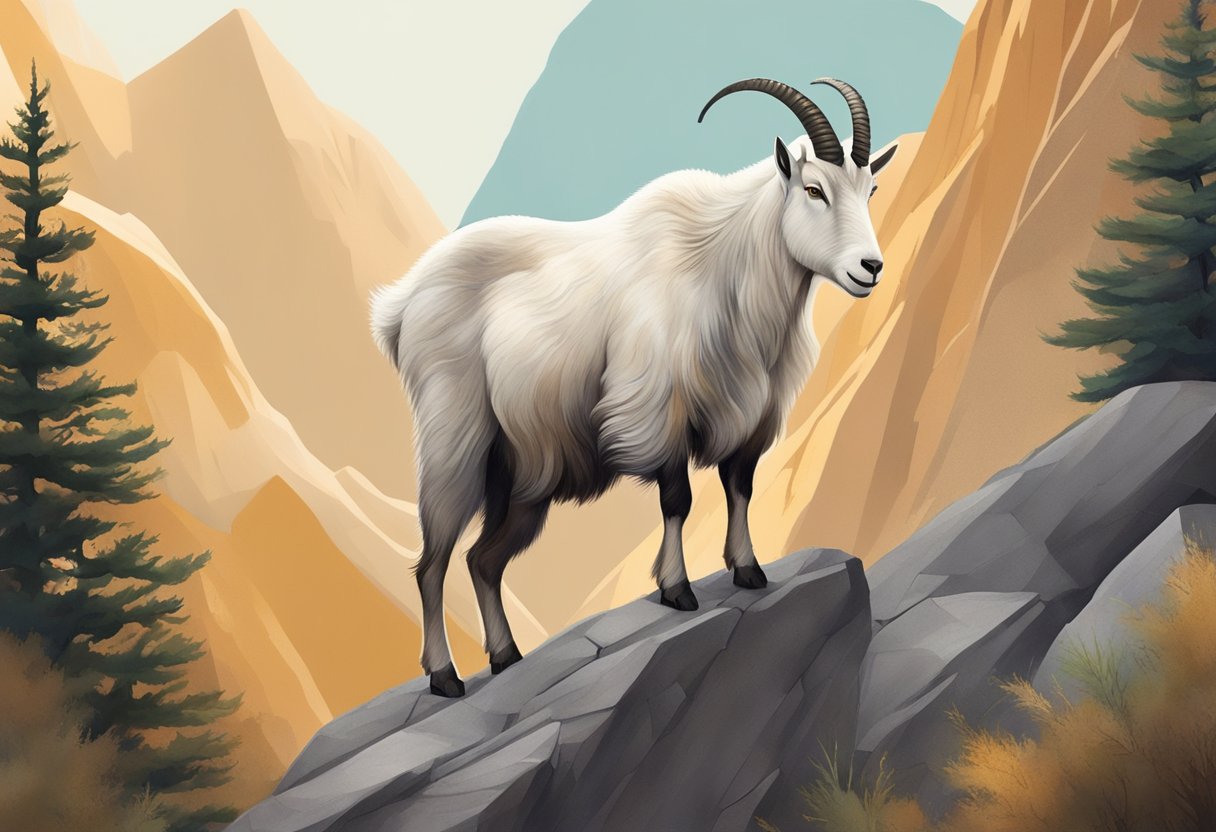 A serene mountain goat standing on a rocky cliff, surrounded by the earthy tones of nature, with a shimmering Capricorn birthstone nearby