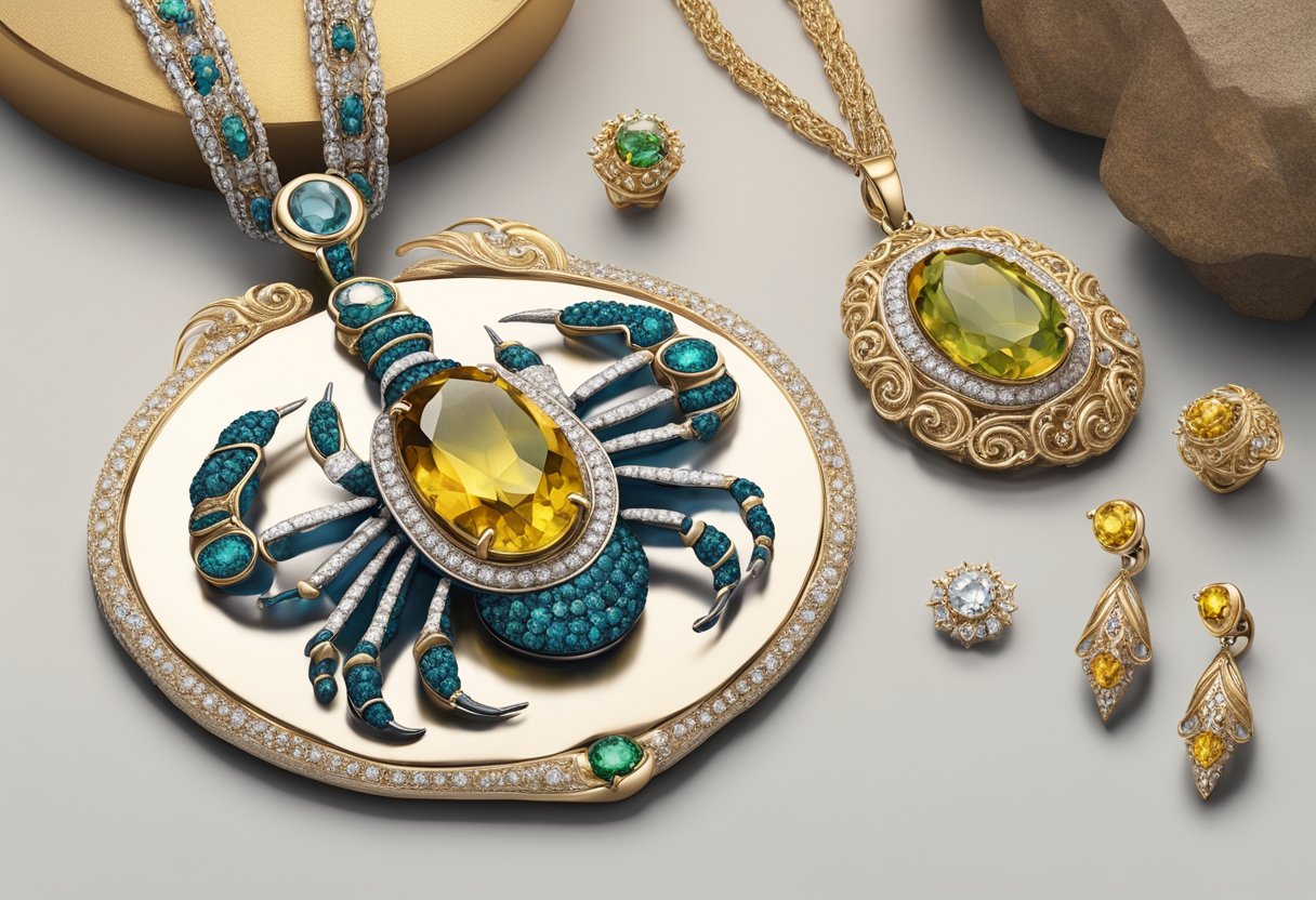 A scorpion-shaped birthstone pendant surrounded by intricate jewelry and adornments