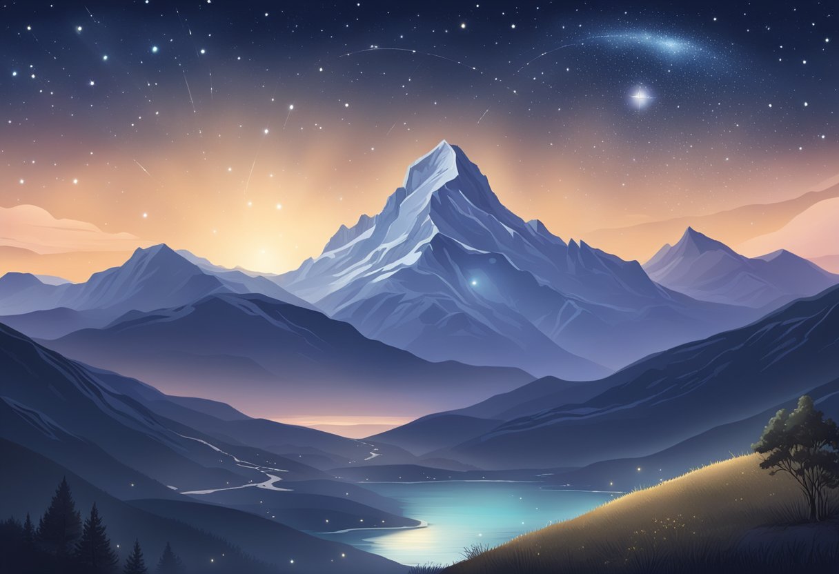 A serene mountain landscape with a clear night sky, featuring a prominent Capricorn constellation and a shimmering birthstone at the center