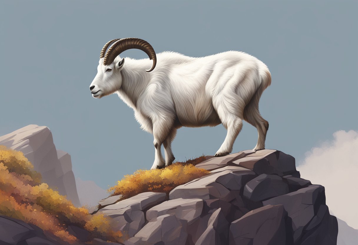 A majestic mountain goat stands proudly atop a rugged cliff, with a shimmering garnet nestled among the rocks at its feet