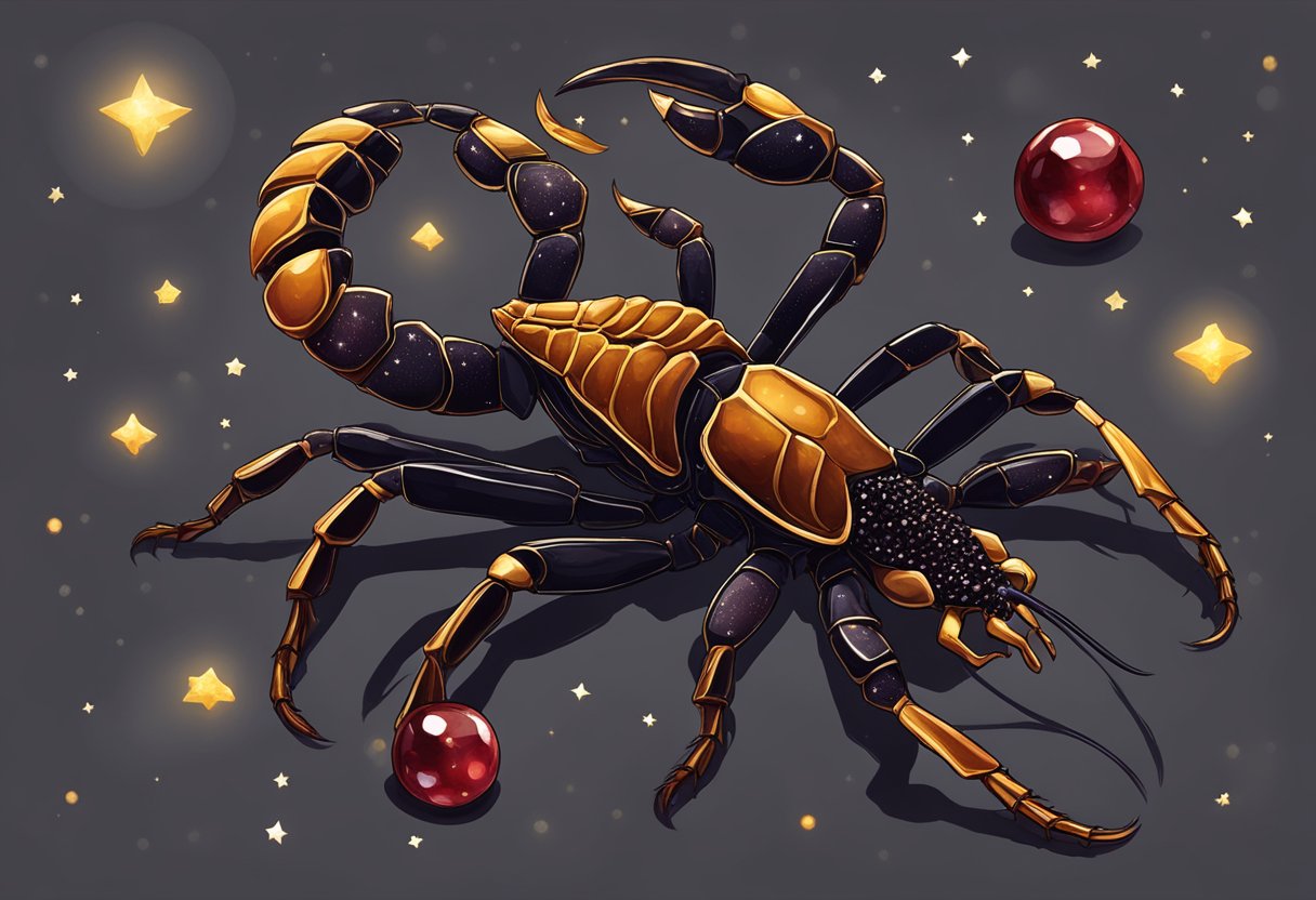 A scorpion surrounded by deep red garnets, set against a starry night sky