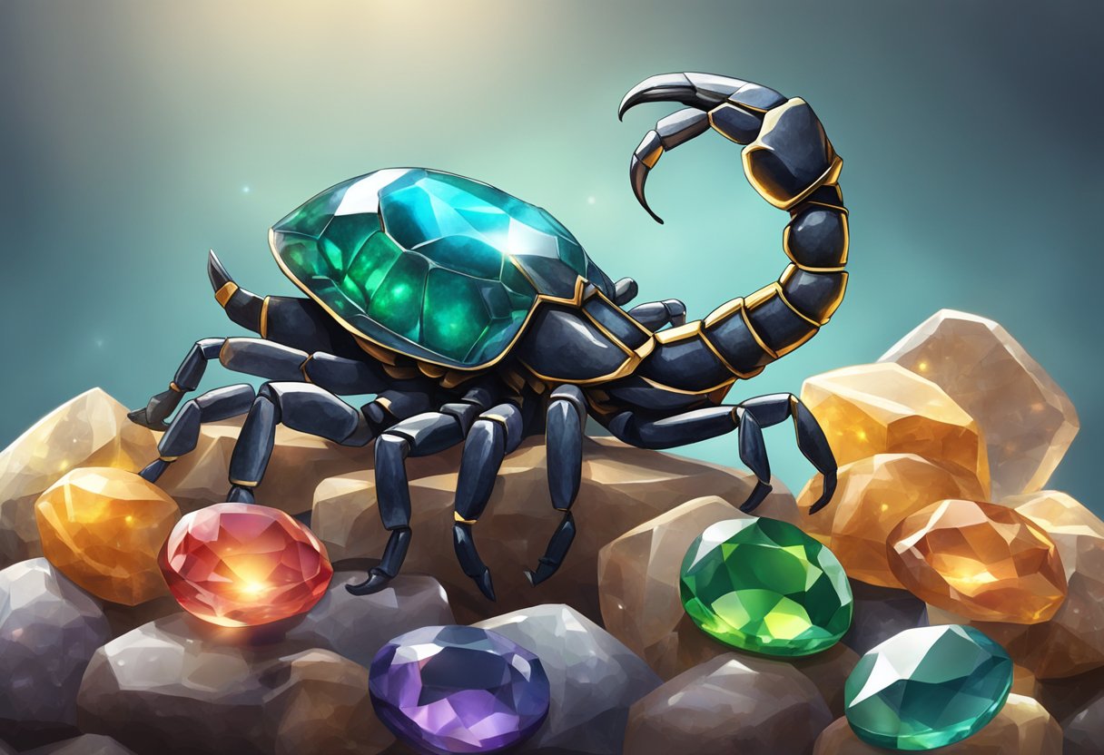 A scorpion perched on a stack of gemstones, with a spotlight shining on the birthstone for Scorpio