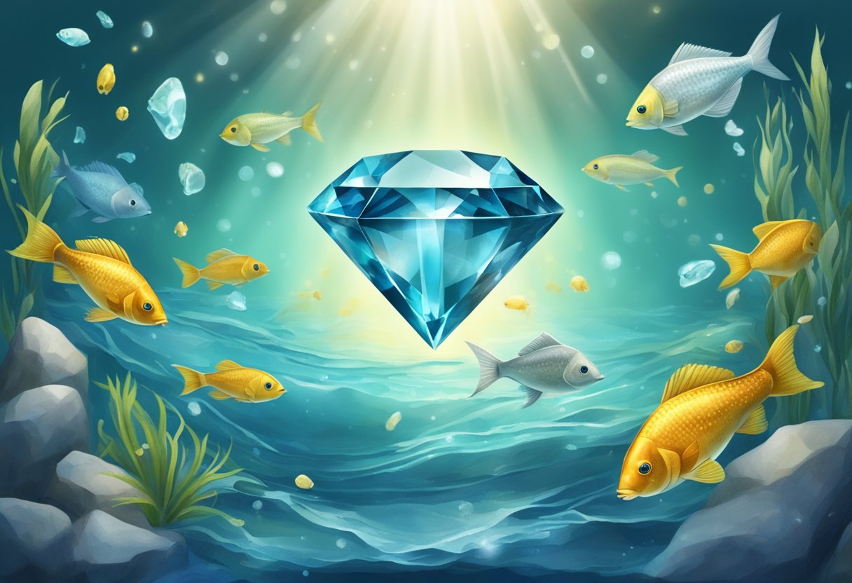 A sparkling aquamarine gemstone surrounded by water and fish, symbolizing the significance of birthstones in astrology for Pisces