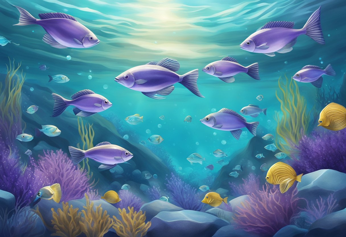 A serene underwater scene with a school of fish surrounding a shimmering amethyst and aquamarine birthstone