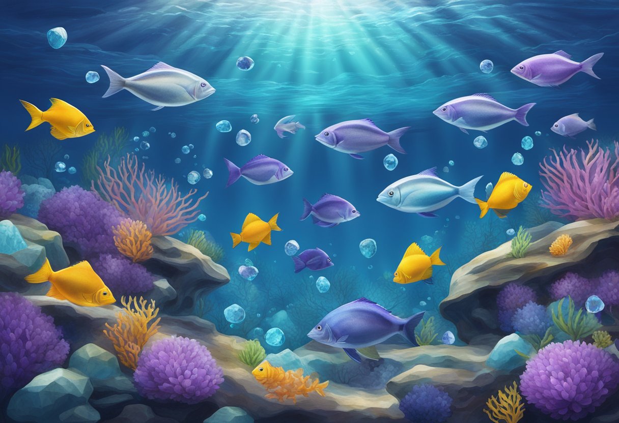 A serene underwater scene with a school of colorful fish surrounding a cluster of amethyst and aquamarine gemstones