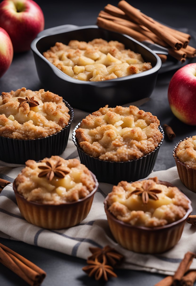 A table set with a variety of keto apple desserts, including apple crumble, apple tart, and apple cinnamon muffins, surrounded by fresh apples and cinnamon sticks