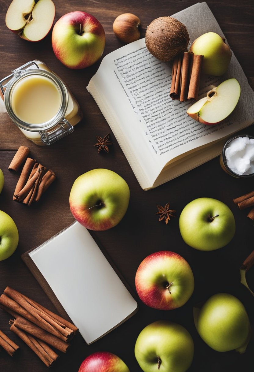 A kitchen counter with a variety of fresh apples, cinnamon sticks, and a jar of coconut oil, with a recipe book open to a page on keto apple dessert recipes