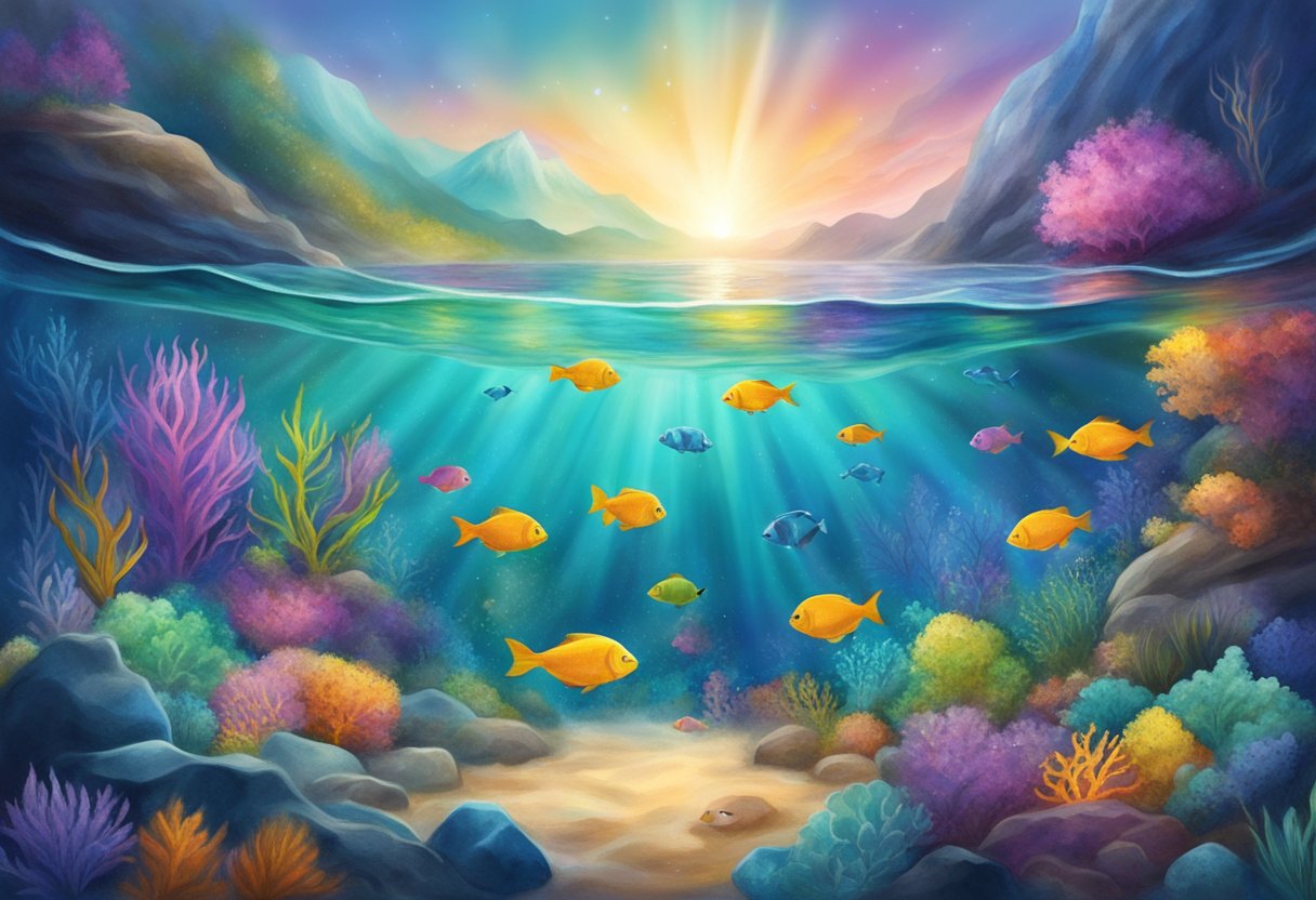 A serene underwater scene with a Pisces birthstone surrounded by vibrant colors representing the chakras