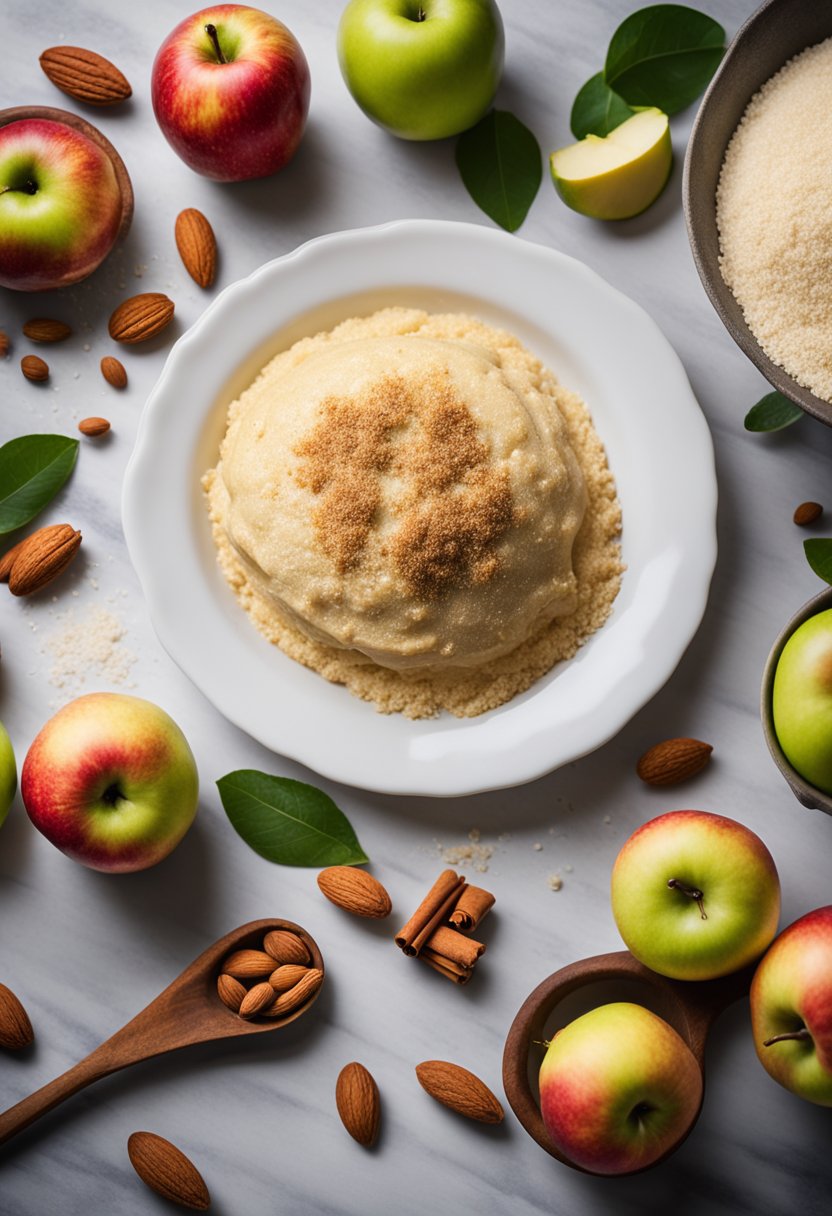 A kitchen counter with ingredients for keto apple dessert recipes, including almond flour, erythritol, cinnamon, and fresh apples