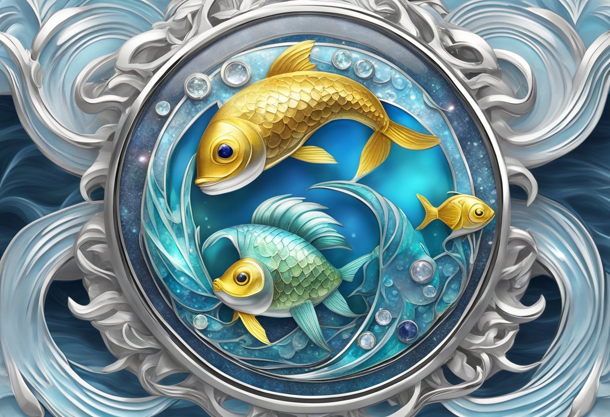 A shimmering Pisces birthstone set in a delicate silver pendant, surrounded by swirling waves and a pair of fish, symbolizing the zodiac sign