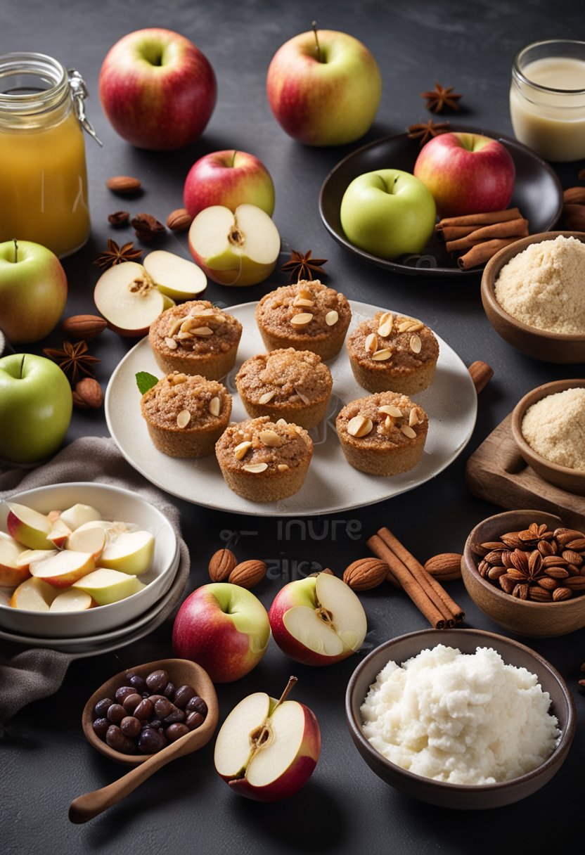 A table set with various keto-friendly apple desserts, surrounded by ingredients like almond flour, coconut oil, and cinnamon