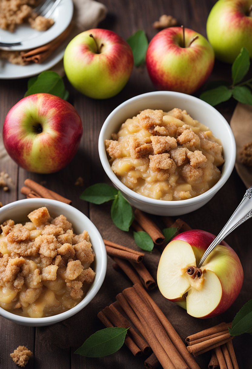 A rustic wooden table with a spread of keto apple desserts: apple crumble, baked apples, and apple cinnamon muffins