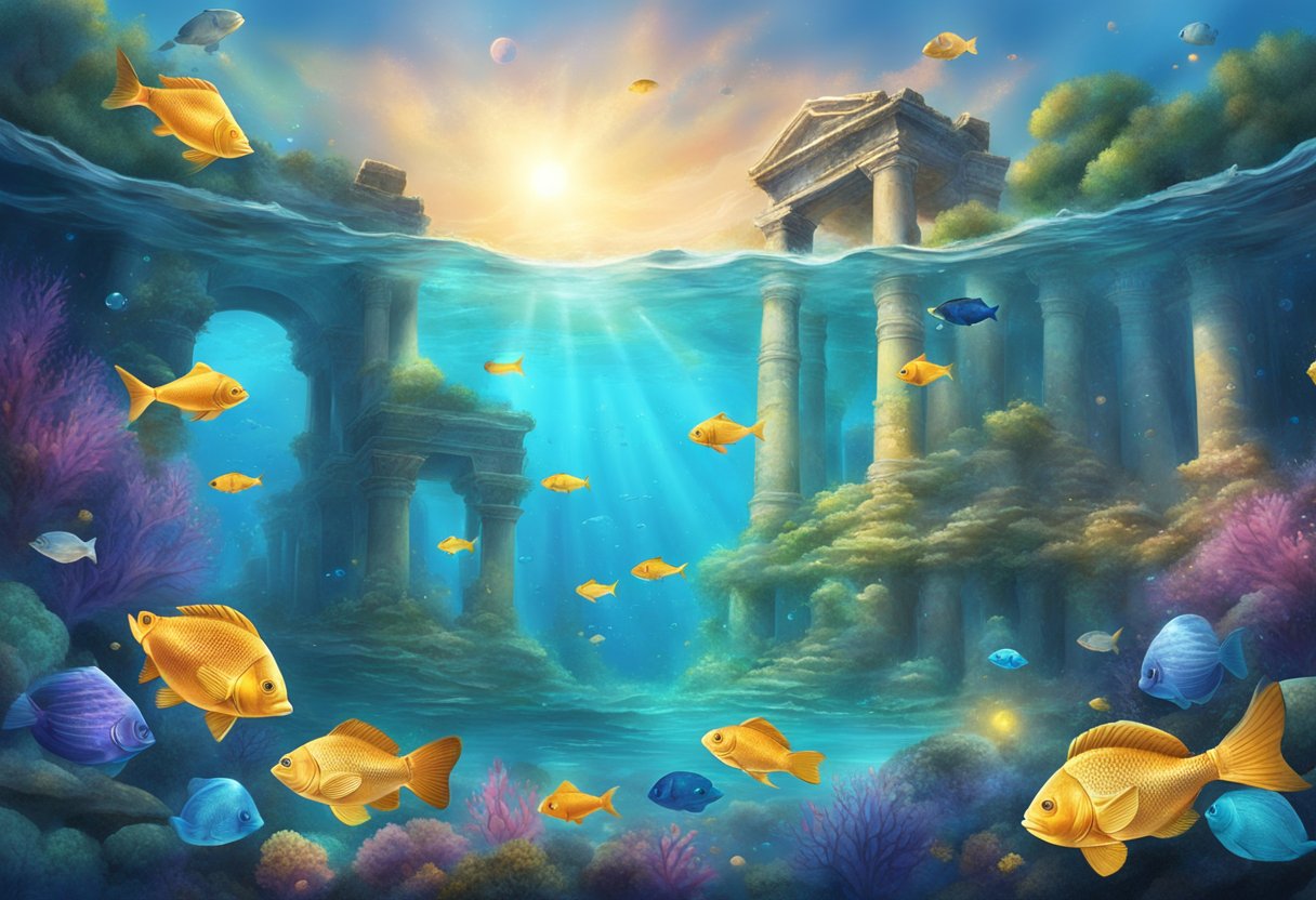 A serene underwater scene with ancient ruins and celestial symbols, surrounded by schools of colorful fish and illuminated by the soft glow of Pisces gemstones