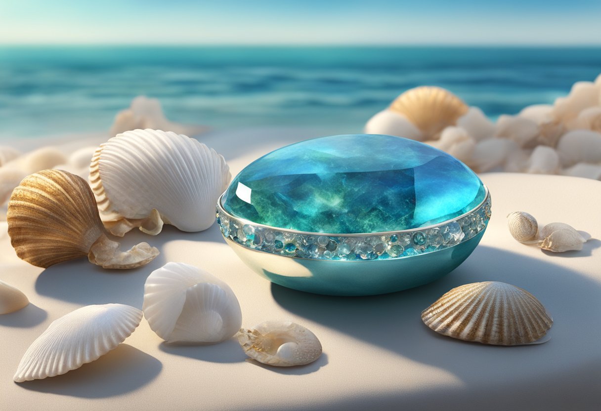 A Pisces birthstone being carefully polished and placed on a soft velvet cushion, surrounded by delicate seashells and a calming ocean backdrop