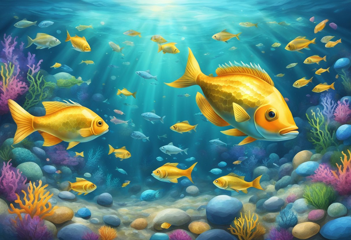 A serene underwater scene with a school of fish swimming among colorful Pisces birthstones embedded in the ocean floor