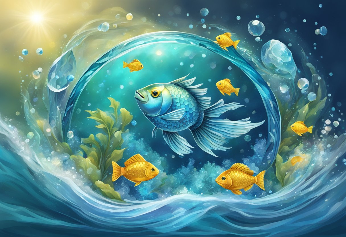 A sparkling Pisces birthstone surrounded by swirling water and fish